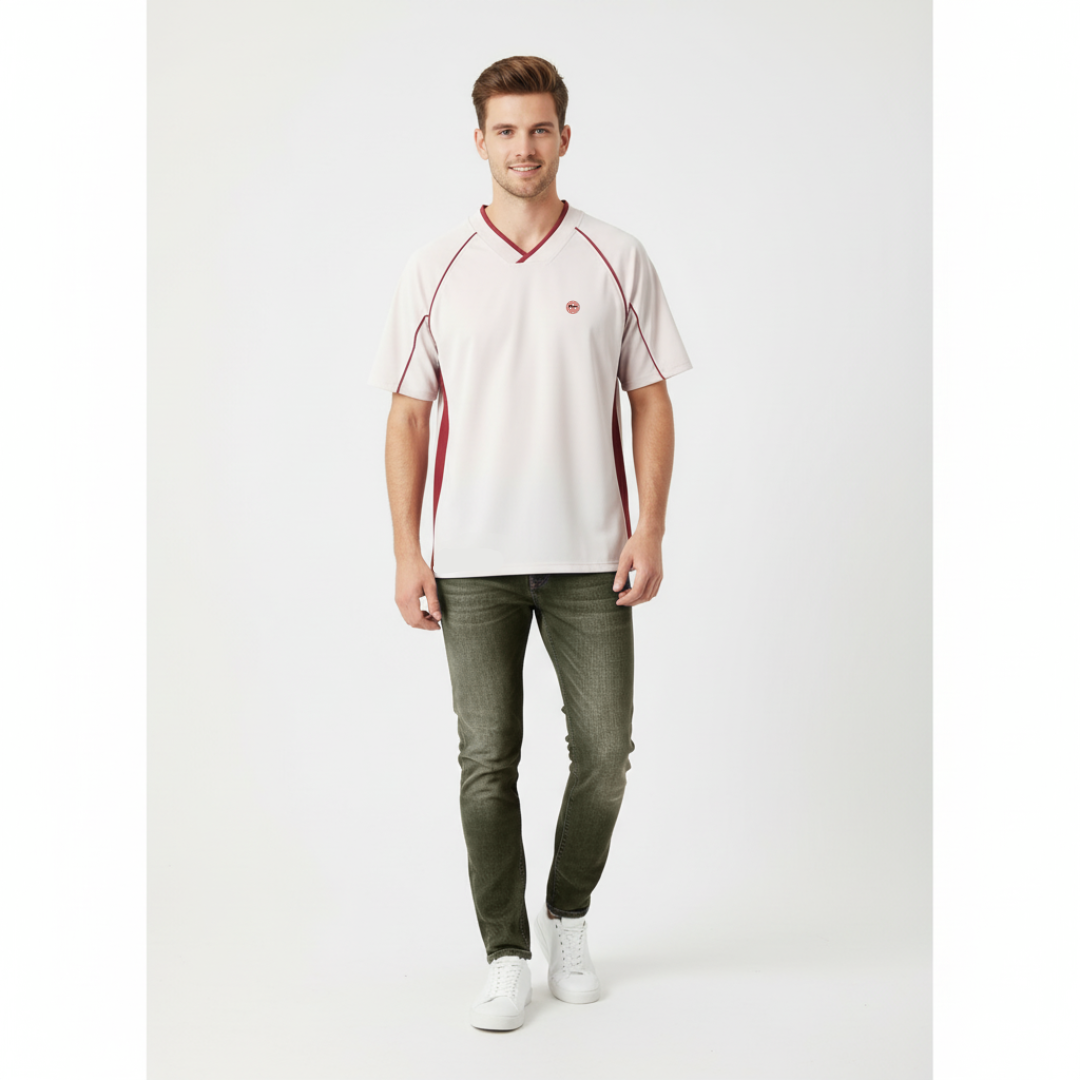 Kitchen Performance Pickleball V-Neck Stitch Tee Shirt –- White & Red